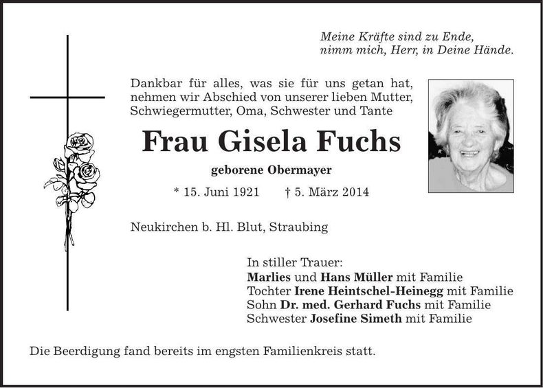 Traueranzeige Gisela Fuchs