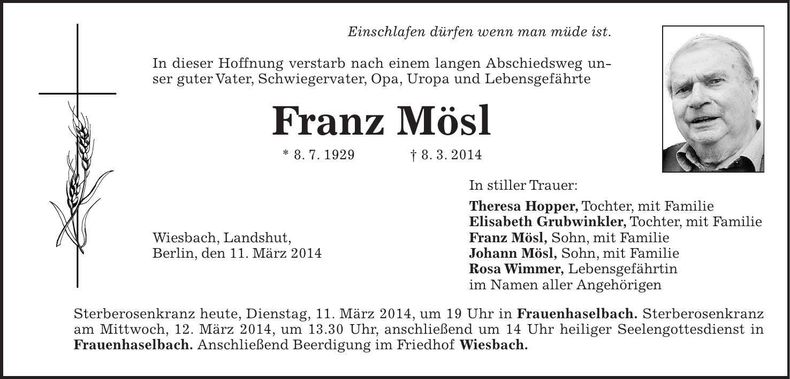 Traueranzeige Franz Mösl