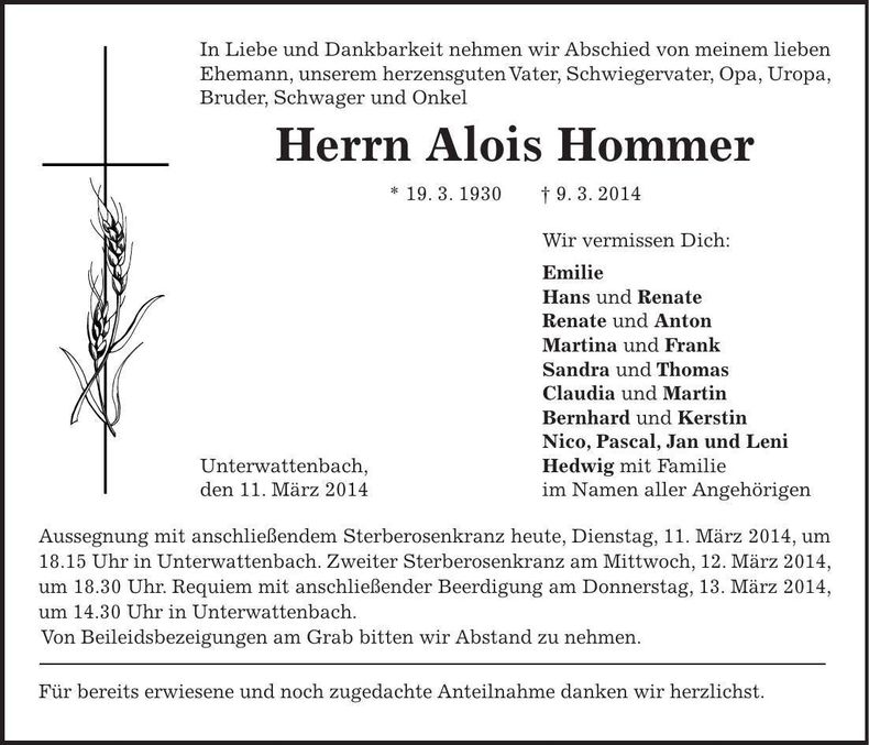 Traueranzeige Alois Hommer