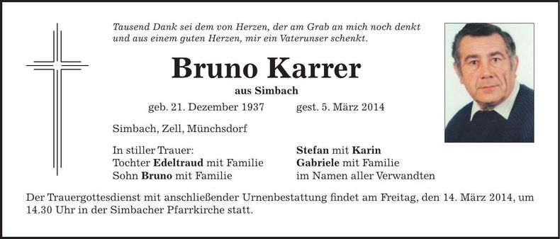 Traueranzeige Bruno Karrer