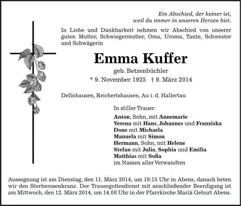 Traueranzeige Emma Kuffer