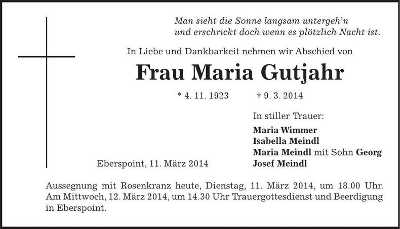 Traueranzeige Maria Gutjahr