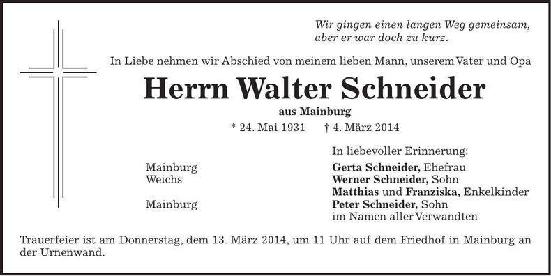 Traueranzeige Walter Schneider
