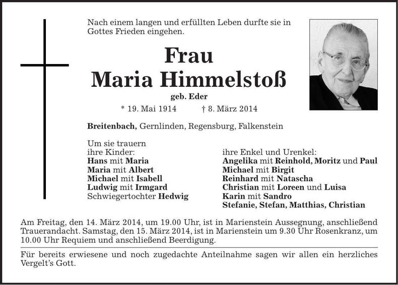 Traueranzeige Maria Himmelstoß