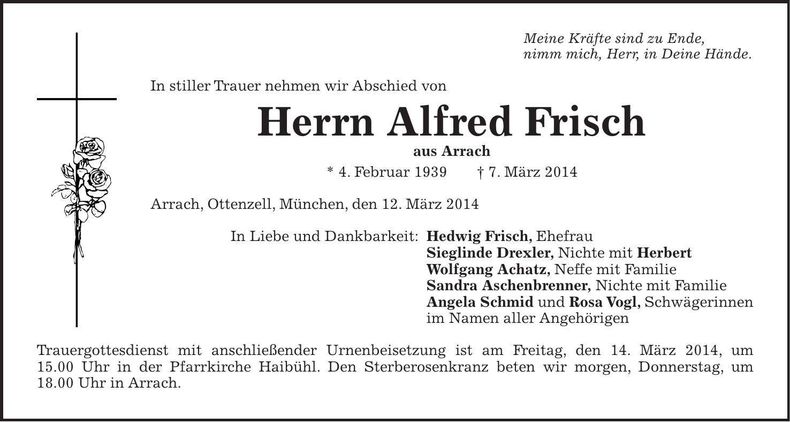 Traueranzeige Alfred Frisch
