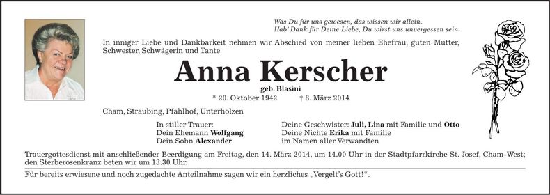 Traueranzeige Anna Kerscher