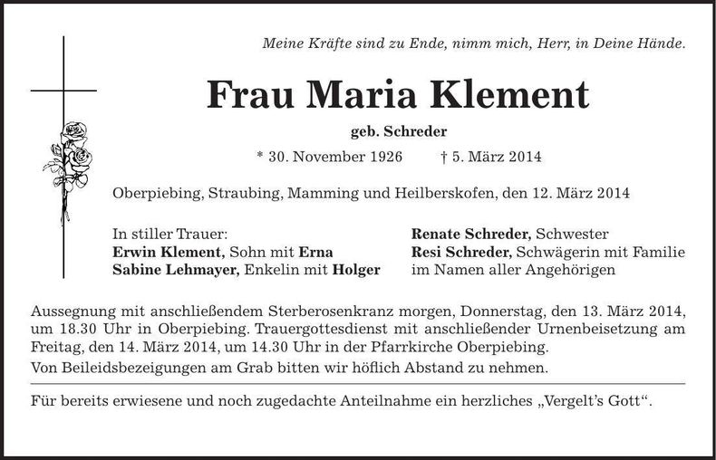 Traueranzeige Maria Klement