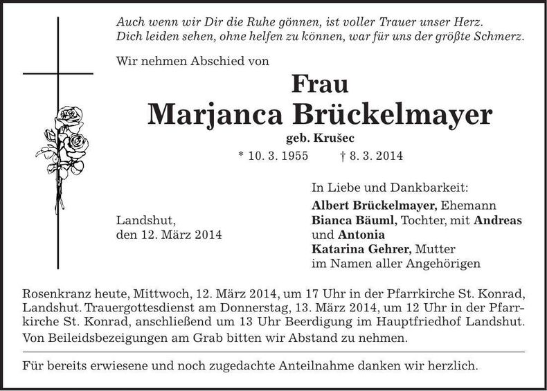 Traueranzeige Marjanca Brücklmayer