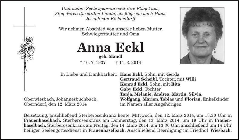 Traueranzeige Anna Eckl