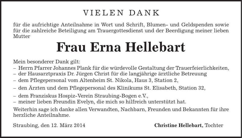 Traueranzeige Erna Hellebart