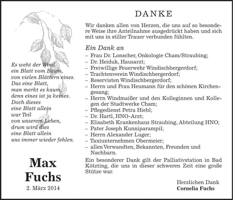 Traueranzeige Max Fuchs