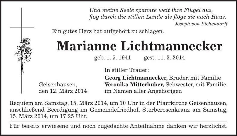 Traueranzeige Marianne Lichtmannecker