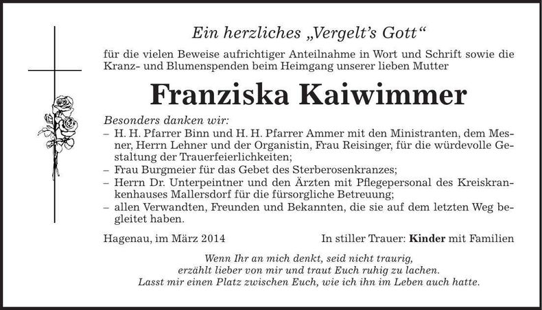 Traueranzeige Franziska Kaiwimmer