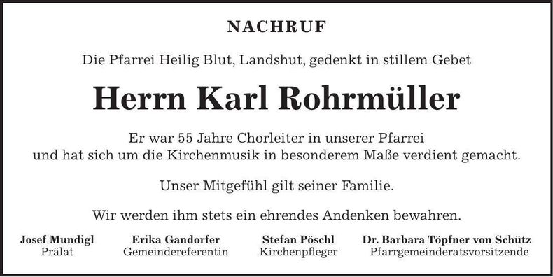 Traueranzeige Karl Rohrmüller