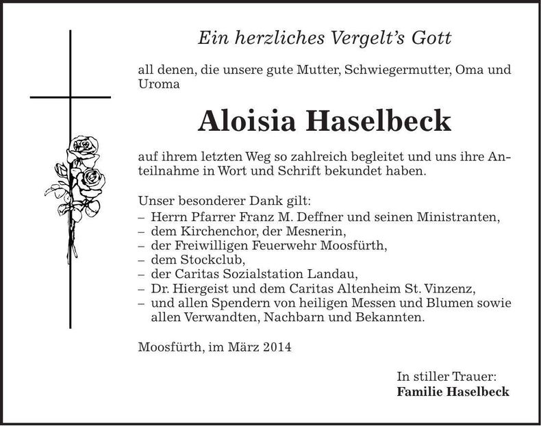 Traueranzeige Aloisia Haselbeck