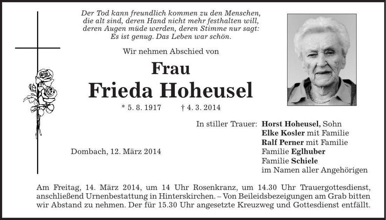 Traueranzeige Frieda Hoheusel