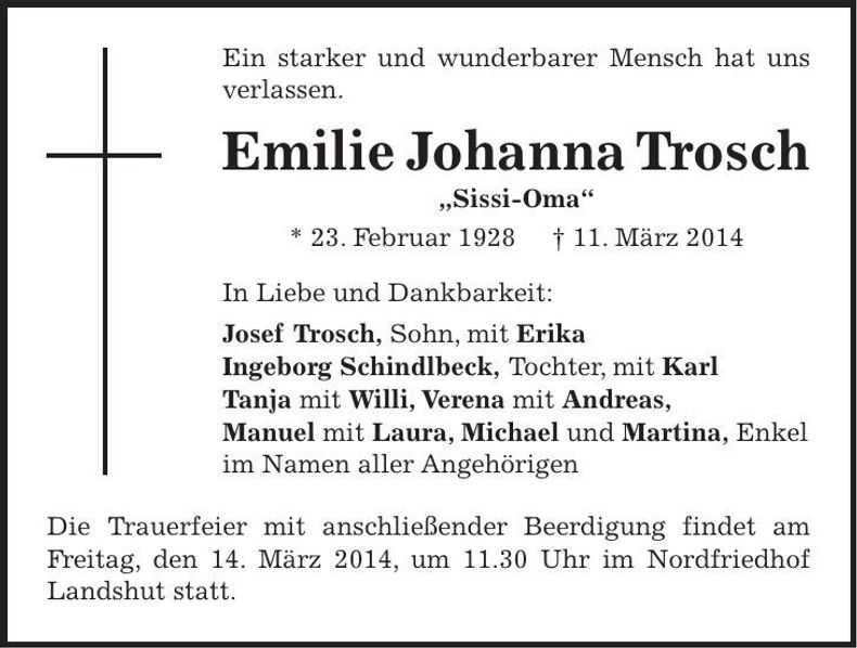 Traueranzeige Emilie Johanna Trosch