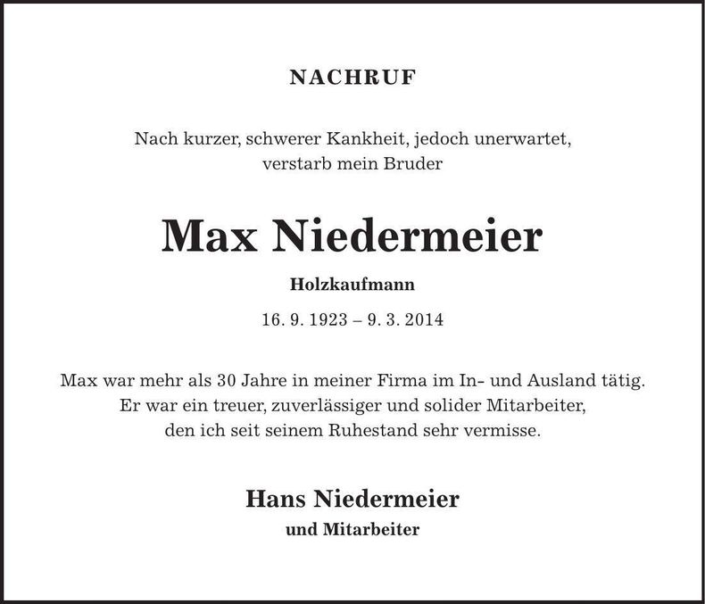 Traueranzeige Max Niedermeier