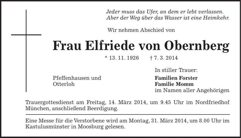 Traueranzeige Elfriede von Obernberg