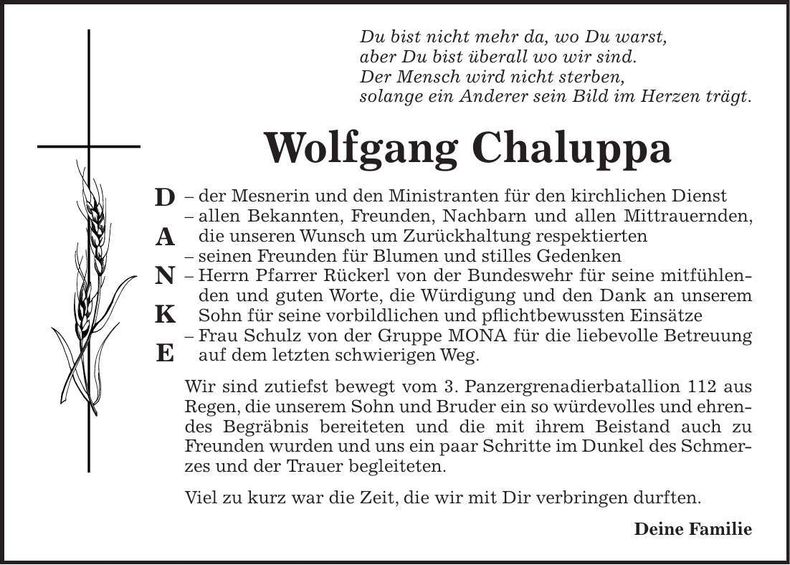 Traueranzeige Wolfgang Chaluppa