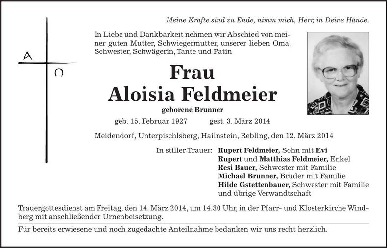 Traueranzeige Aloisia Feldmeier