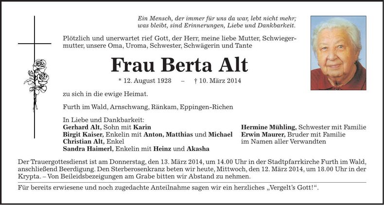 Traueranzeige Berta Alt