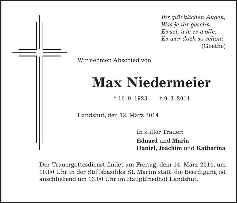 Traueranzeige Max Niedermeier