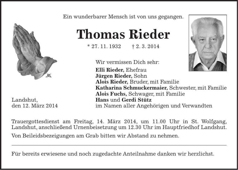 Traueranzeige Thomas Rieder