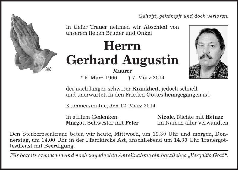Traueranzeige Gerhard Augustin