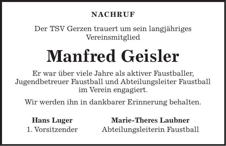 Traueranzeige Manfred Geisler