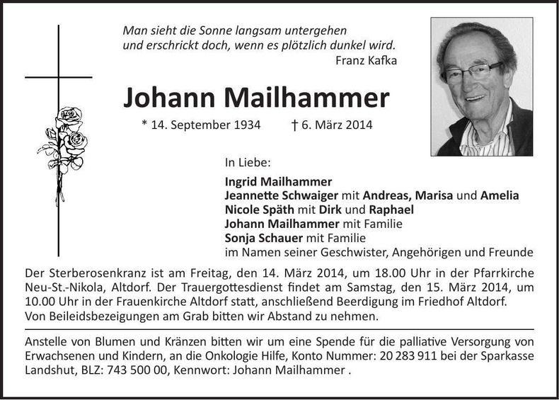 Traueranzeige Johann Mailhammer