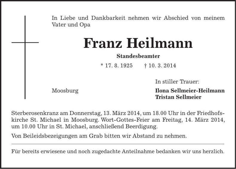Traueranzeige Franz Heilmann