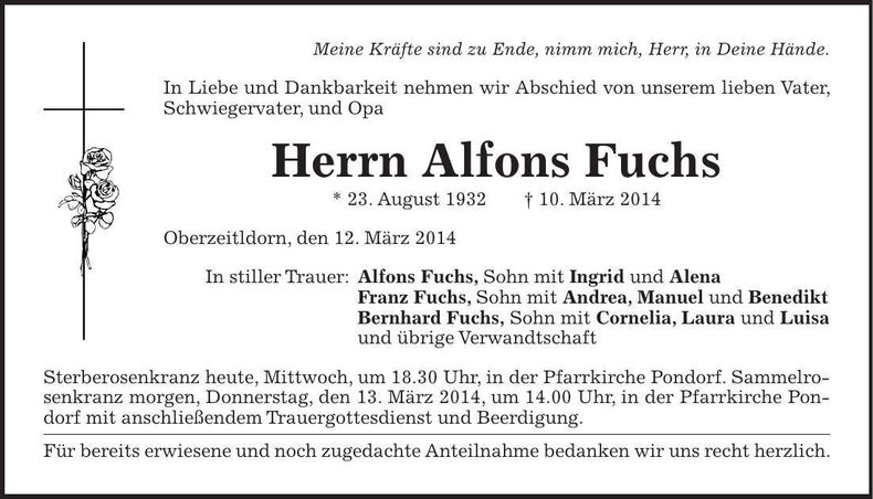 Traueranzeige Alfons Fuchs