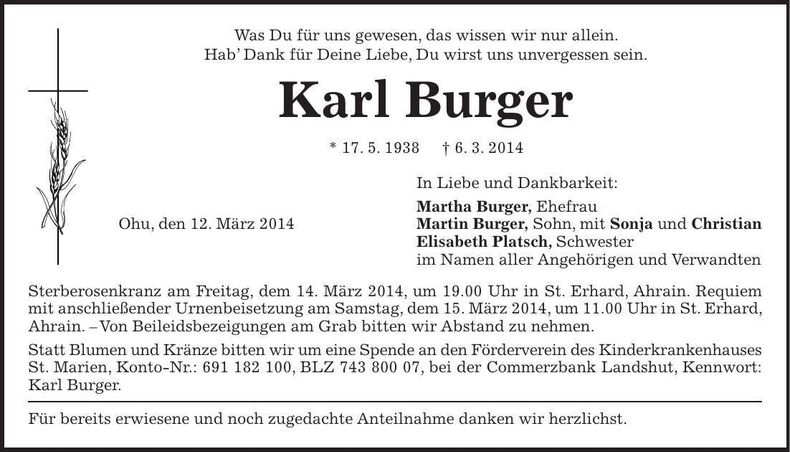 Traueranzeige Karl Burger