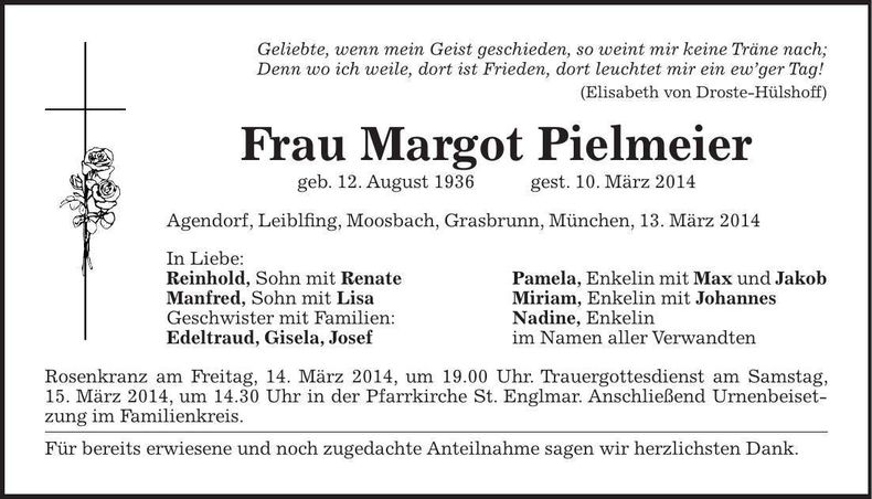 Traueranzeige Margot Pielmeier
