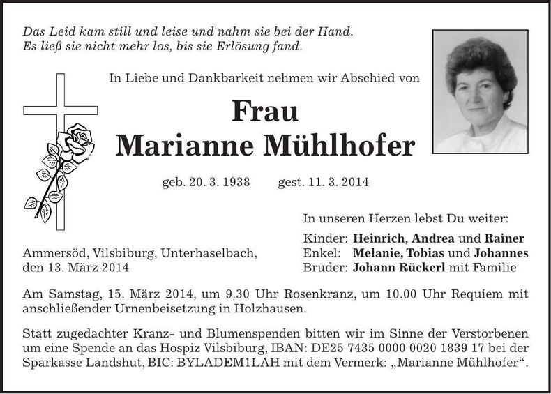 Traueranzeige Marianne Mühlhofer