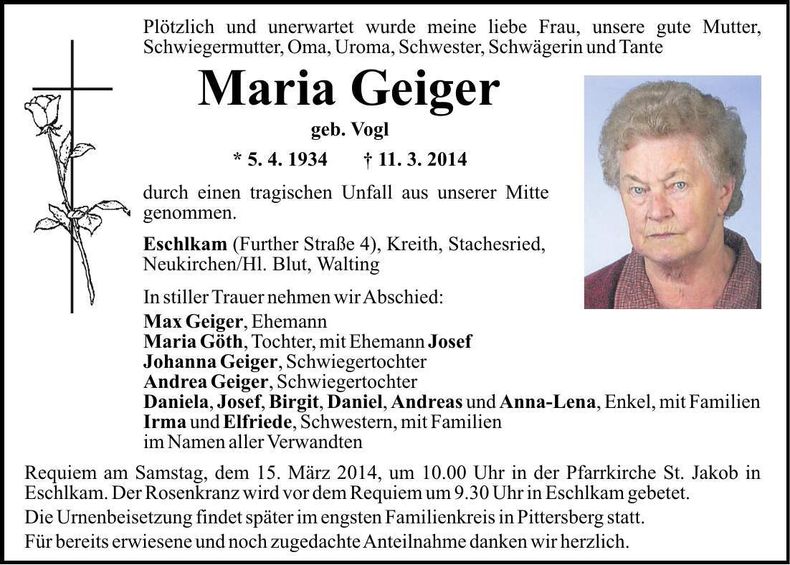 Traueranzeige Maria Geiger