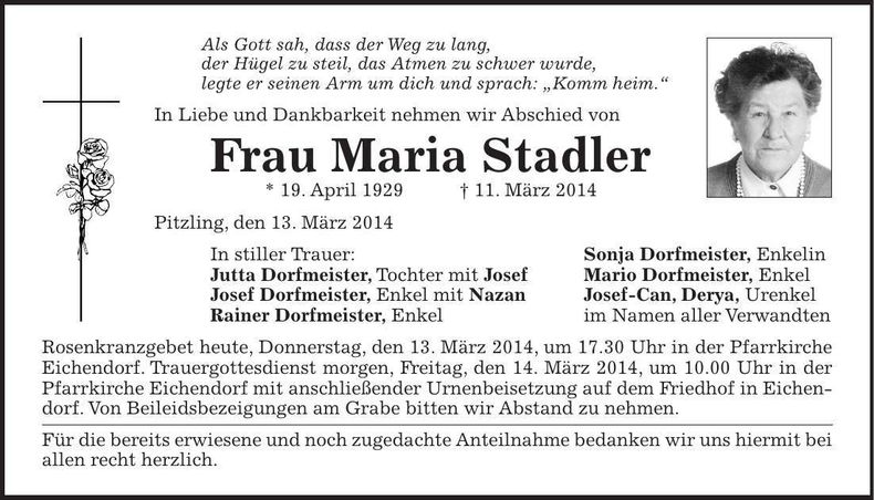 Traueranzeige Maria Stadler