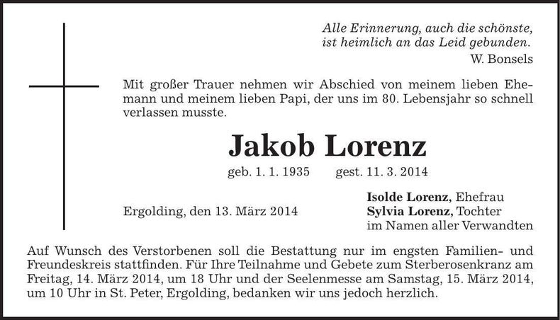 Traueranzeige Jakob Lorenz