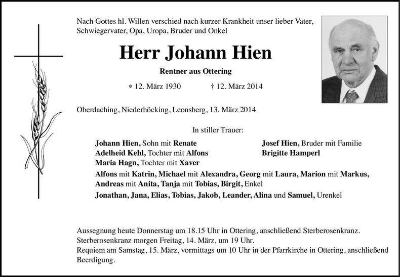 Traueranzeige Johann Hien
