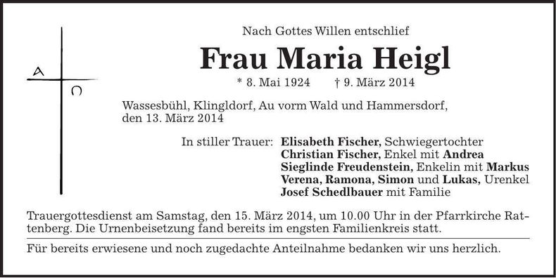 Traueranzeige Maria Heigl