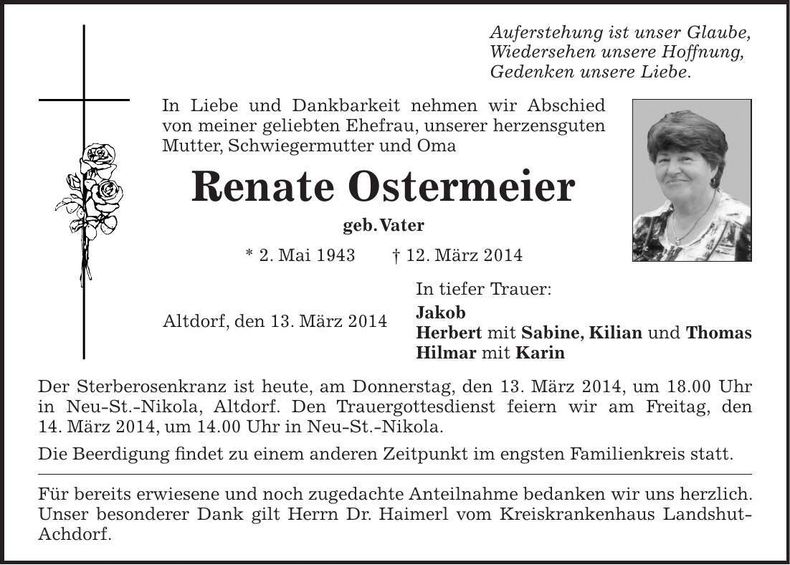 Traueranzeige Renate Ostermeier