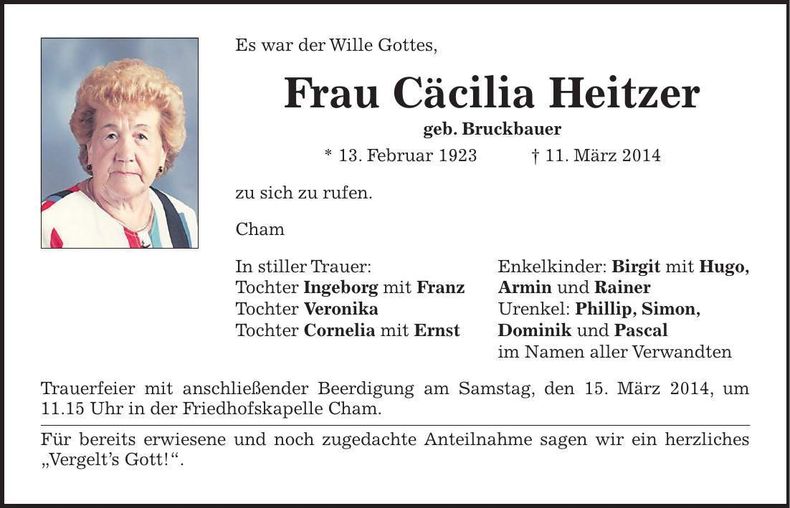 Traueranzeige Cäcilia Heitzer