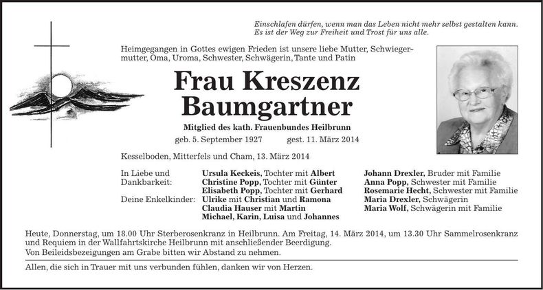 Traueranzeige Kreszenz Baumgartner