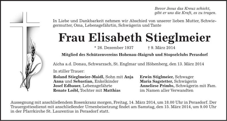 Traueranzeige Elisabeth Stieglmeier