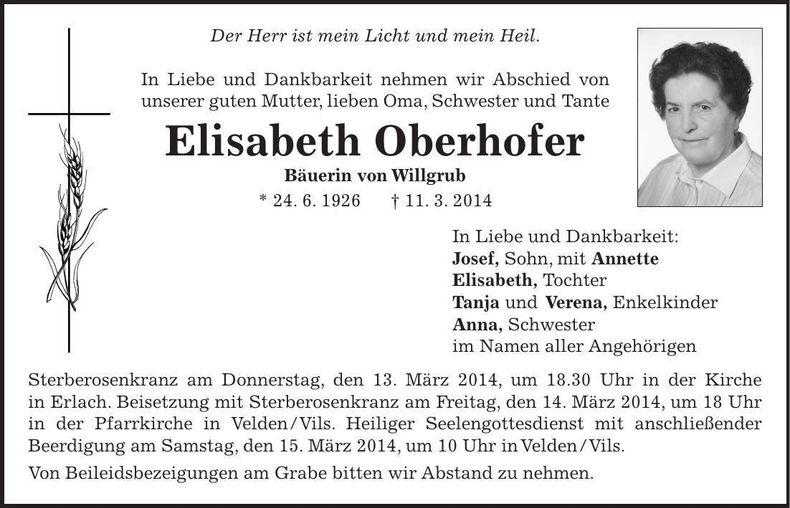 Traueranzeige Elisabeth Oberhofer