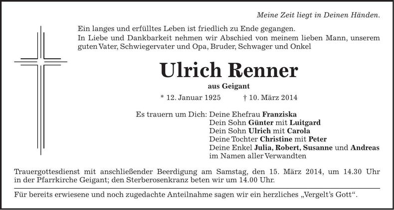 Traueranzeige Ulrich Renner