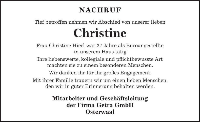 Traueranzeige Christine Hierl