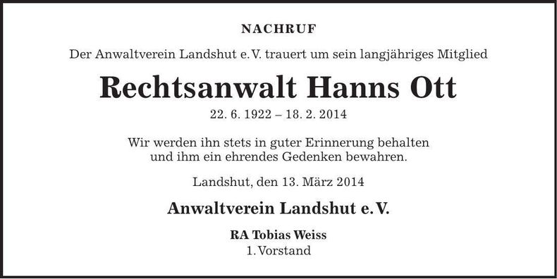 Traueranzeige Hanns Ott