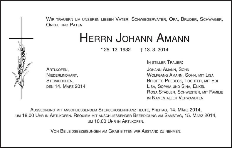 Traueranzeige Johann Amann